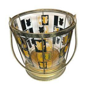 Vintage Hazel Atlas Black Gold Leaf Botanical Glass Ice Bucket MCM w/metal Frame